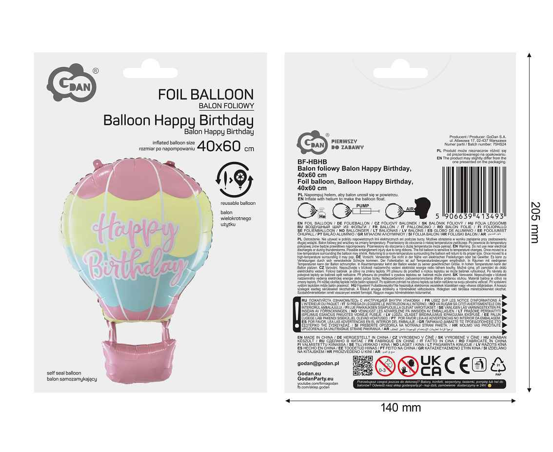 Foil balloon, Balloon Happy Birthday, 40x60 cm